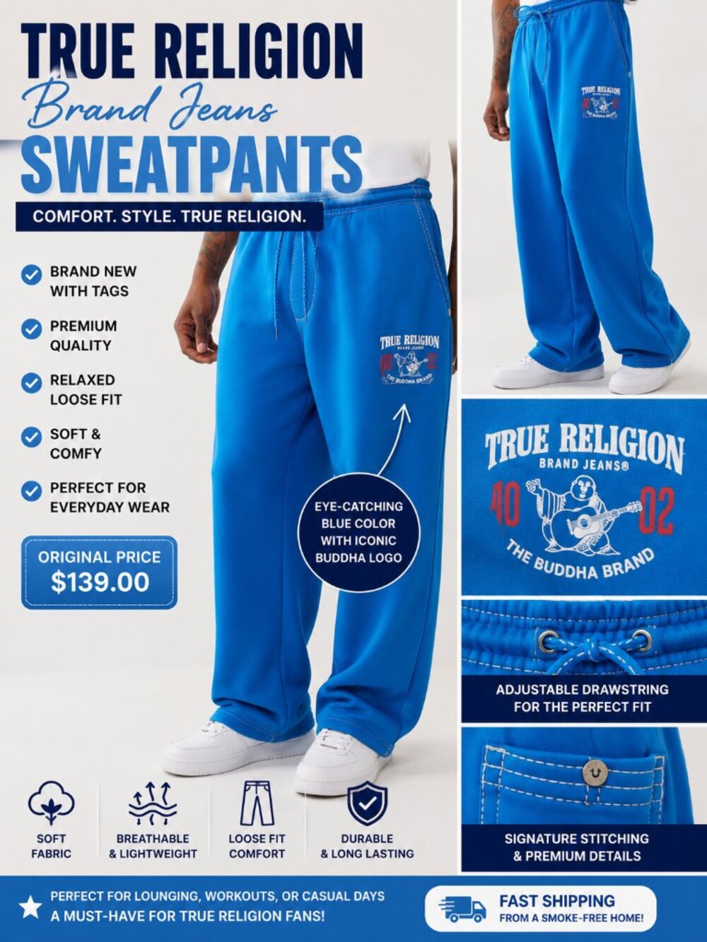 True Religion Men’s Jogger Sweatpants Blue NWT Drawstring Lounge Pants Logo